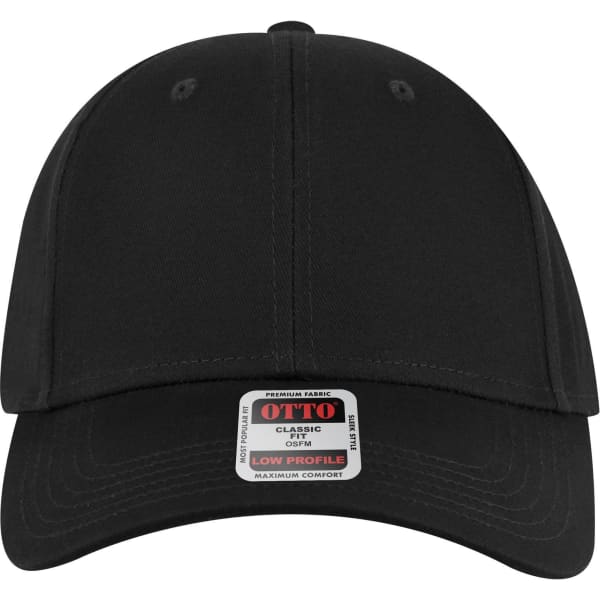 A black 6 panel low profile baseball cap featuring a logo and a structured design.