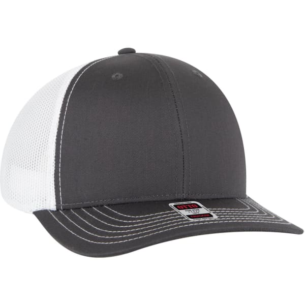 A grey and white 6 panel mid profile trucker cap with a logo and contrasting stitching.