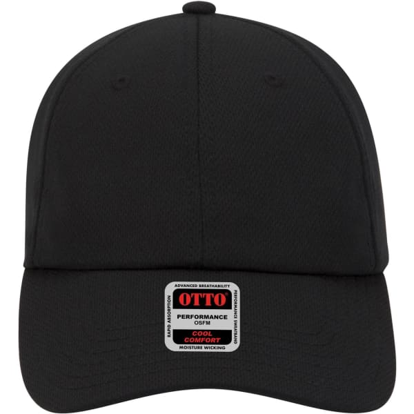 A black 6 panel low profile baseball cap with a branded label on the front.