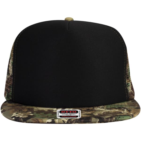 A 5 panel high crown trucker cap featuring a black front and camouflage patterned brim, complete with a logo.