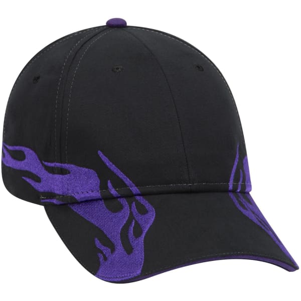A black six-panel low profile baseball cap featuring purple flame designs and a logo on the front.