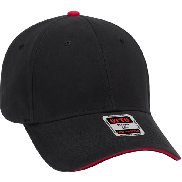 A black low profile baseball cap with a red accent and a branded label.