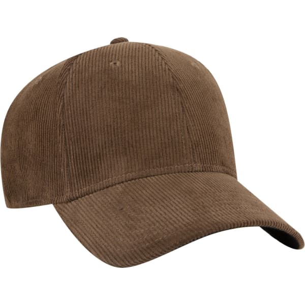 A brown corduroy 6 panel low profile baseball cap with a curved brim and a logo on the front.