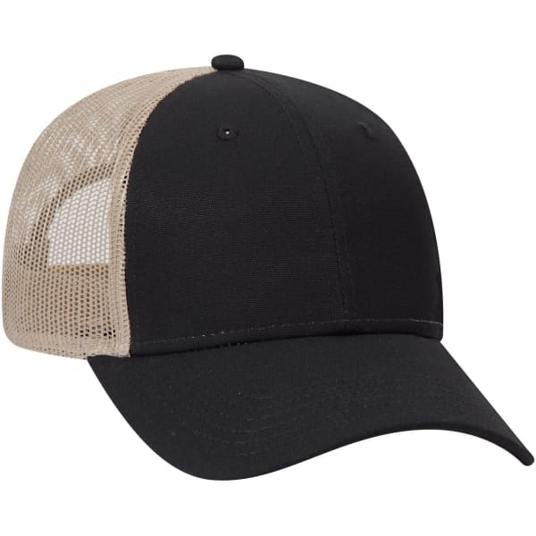 A black 6 panel low profile trucker cap with a beige mesh back and a rounded top. It features a logo on the front.