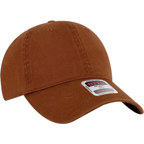 A brown 6 panel low profile dad cap featuring a logo on the side.