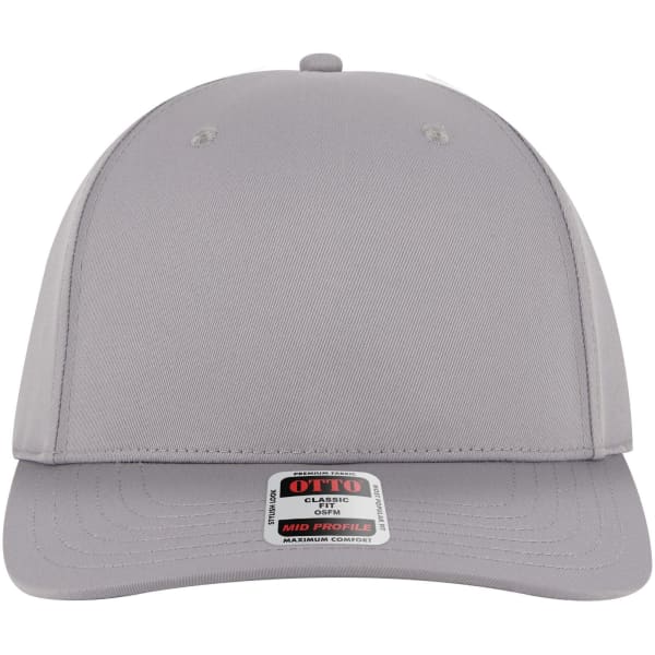 A grey seamless six-panel mid-profile baseball cap featuring a logo on the front.