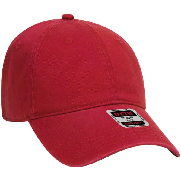 A red six-panel low-profile dad cap with a brand logo on the side.