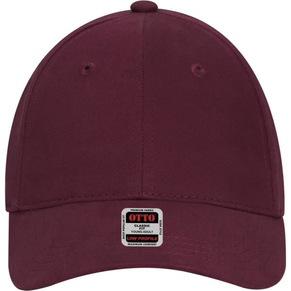 A burgundy 6 panel low profile baseball cap with a logo on the front.