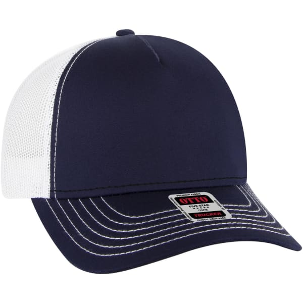 A navy blue and white 5 Panel Low Profile Trucker Cap with a mesh back and a logo.