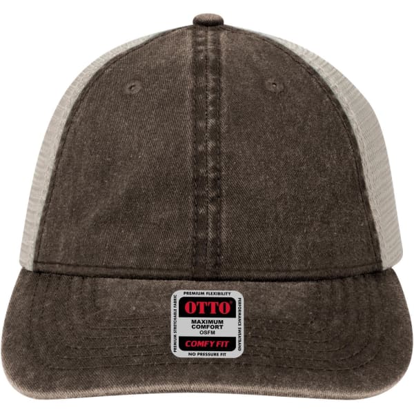 A brown and grey trucker cap featuring a low profile design and a logo on the front panel.