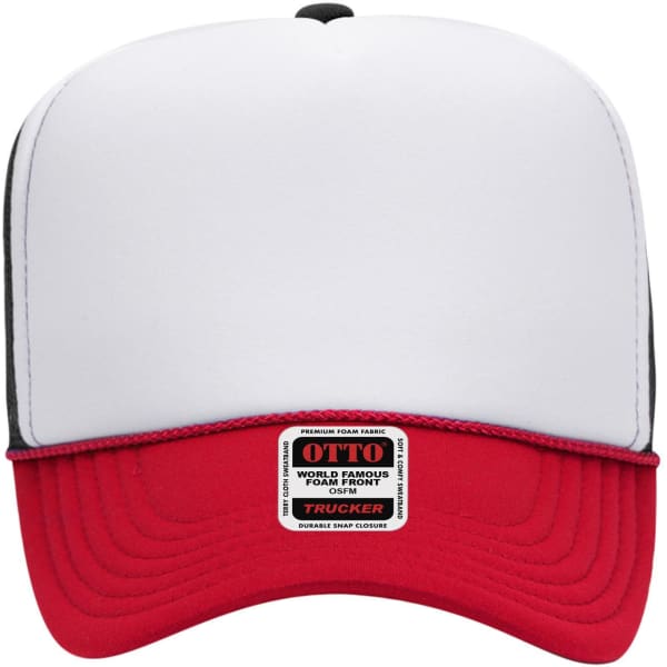 A high crown trucker cap in white and red with a black visor and a label on the front.