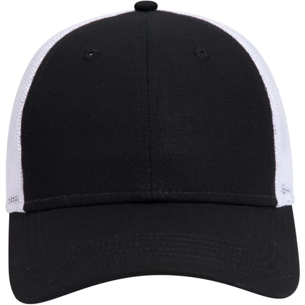 A black and white 6 panel low profile trucker cap with a curved brim and a mesh back.
