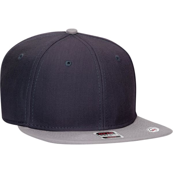 A six-panel mid-profile snapback cap featuring a navy body and grey undervisor. It has a logo on the side.