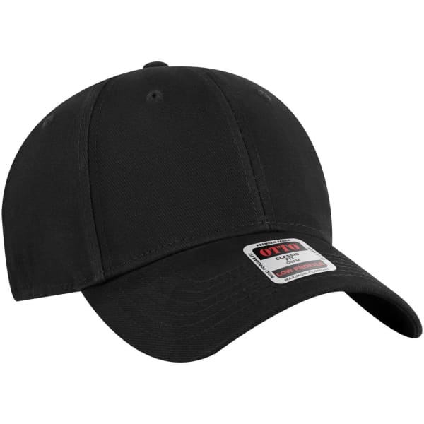 A black 6 panel low profile baseball cap featuring a logo on the front.