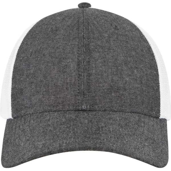 A grey and white six-panel low profile trucker cap with a curved brim and a logo.
