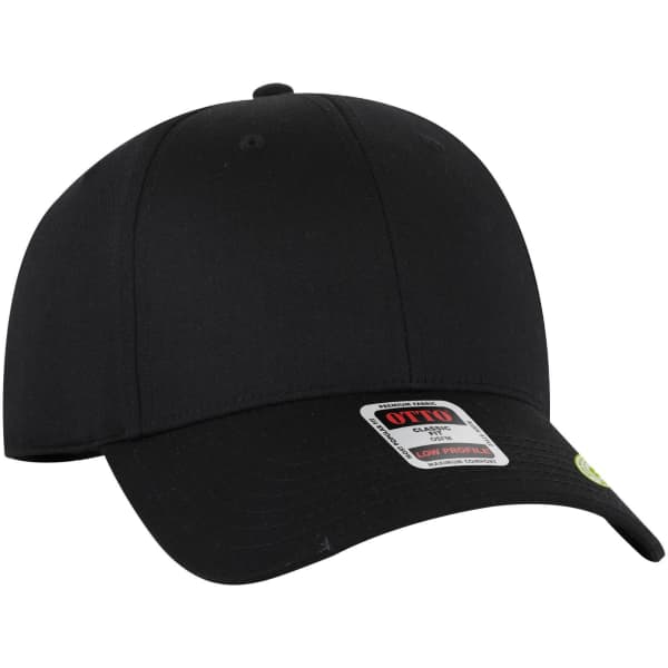 A black 6 panel low profile style baseball cap with a curved brim and an internal logo.