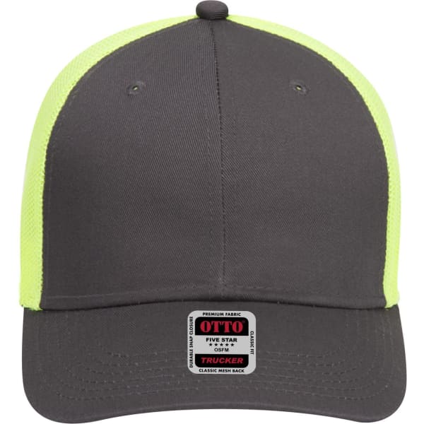 A grey and high-vis yellow 6 panel low profile trucker cap with a logo on the front.