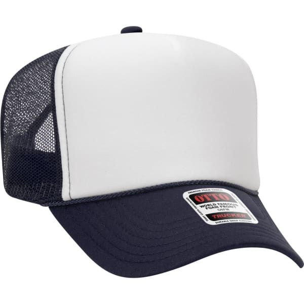 A 5 panel high crown trucker cap featuring a white front and navy blue mesh back, with a logo on the front.