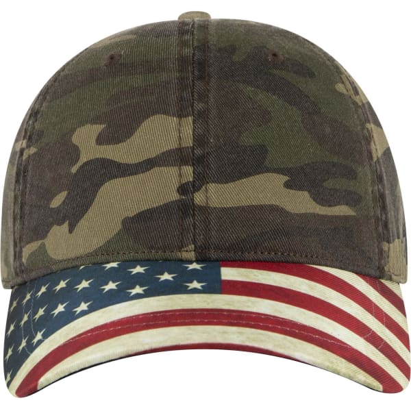 A camouflage baseball cap featuring an American flag design on the brim. The cap has a logo on it.