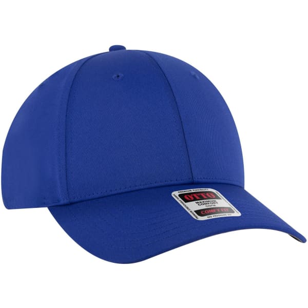 A blue 6-panel low profile baseball cap featuring a logo on the front.