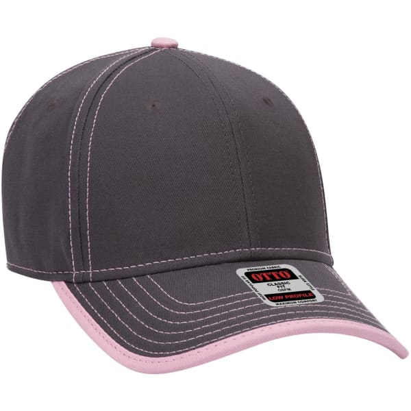 A grey baseball cap with pink detailing and stitching. It features a logo on the front.