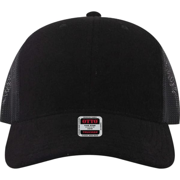 A black 6 panel mid profile trucker cap with mesh panels and a logo tag at the front.