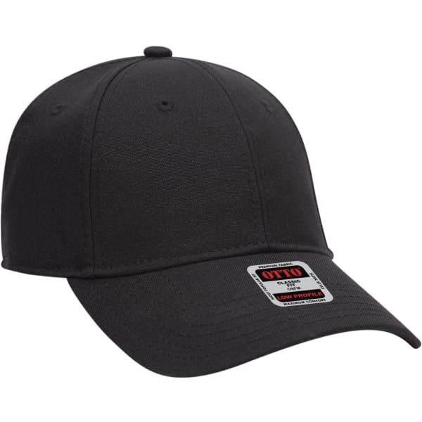 A black 6 panel low profile baseball cap with a logo tag attached.