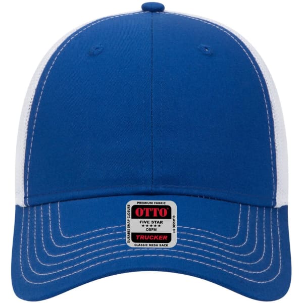 A blue and white 6 panel low profile trucker cap with a logo on the front and a mesh back.