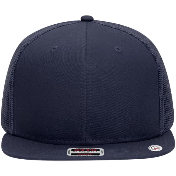 A navy 6 panel mid profile trucker cap featuring mesh side panels and a branded patch.
