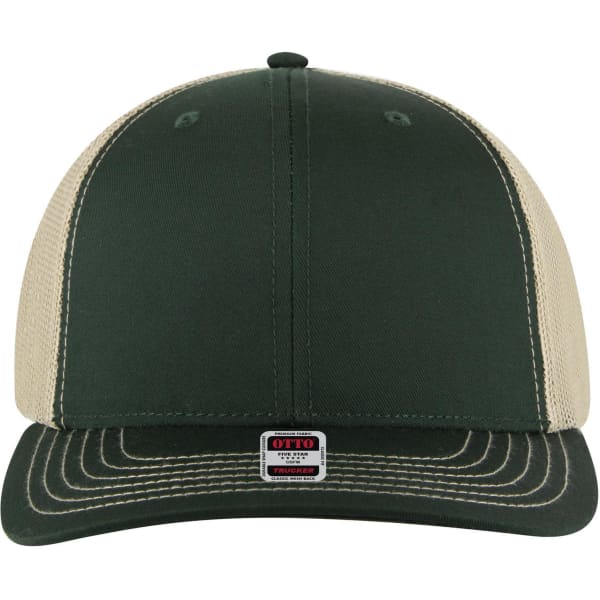A green and beige 6 panel mid profile trucker cap with a logo on the front and mesh sides.