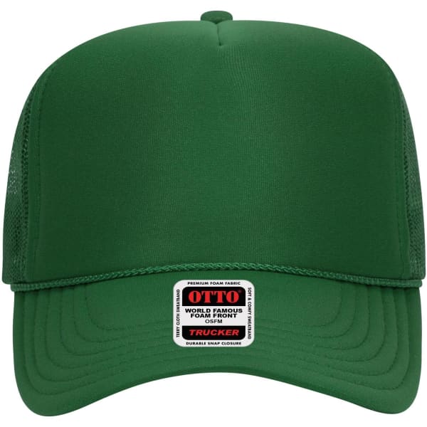 A green 5 panel high crown trucker cap featuring a mesh back and branding label on the front.