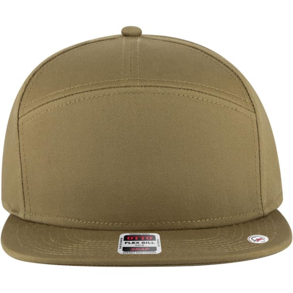A khaki 7 panel mid profile snapback cap featuring a flat brim and a logo on the front.