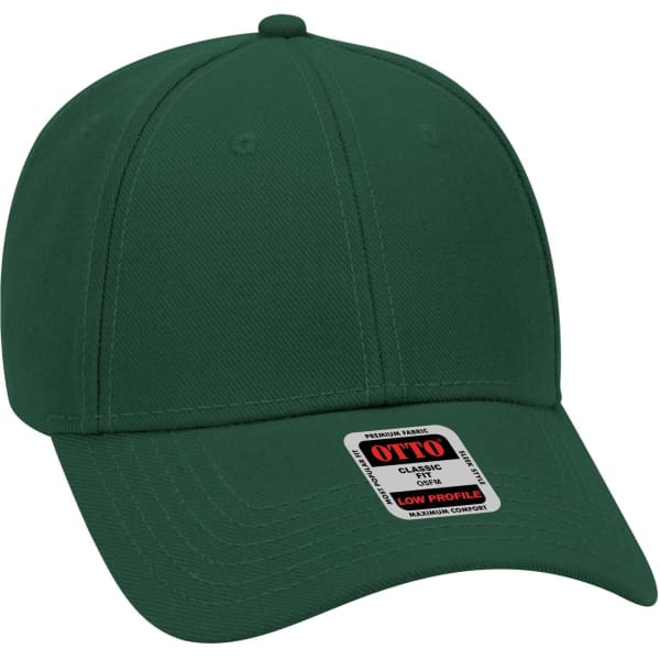 A dark green 6 panel low profile baseball cap with a curved brim and a branding label.