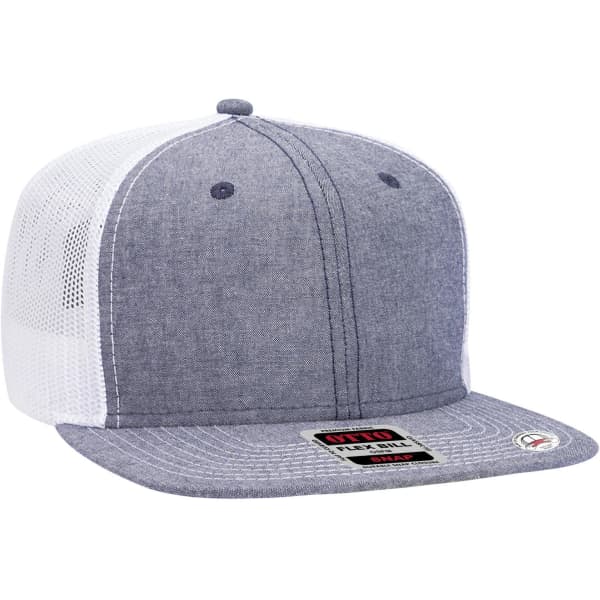 A grey mid-profile trucker cap with a mesh back and a flat brim, featuring a logo on the front.