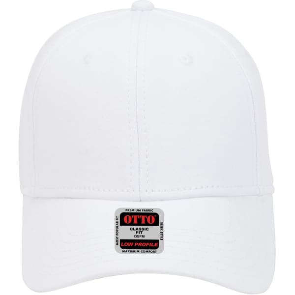 A white 6 panel low profile baseball cap with a logo on the front, featuring a structured design.