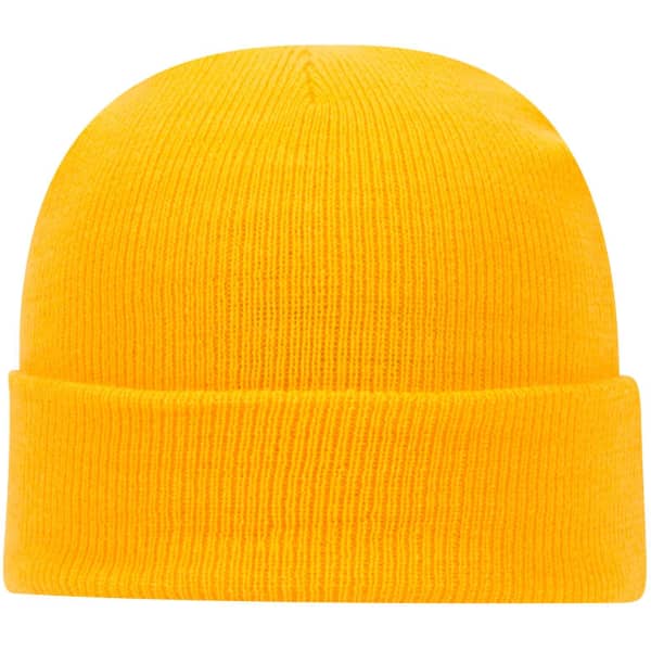 A yellow knit beanie with a fold-over cuff and a smooth texture. It features a logo on the side.
