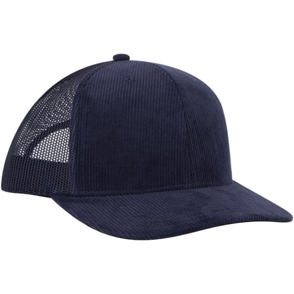 A navy 6-panel mid-profile trucker cap featuring a corduroy front and mesh sides, with a logo on the front.