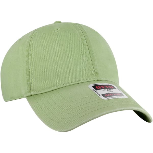 A light green 6-panel low profile dad cap with a curved brim and a logo on the front.