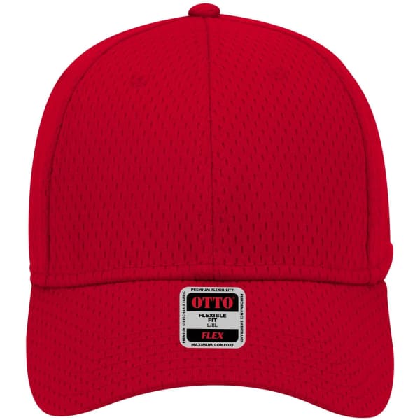 A red 6 panel low profile baseball cap with a logo on the front. The cap features a mesh design for breathability.