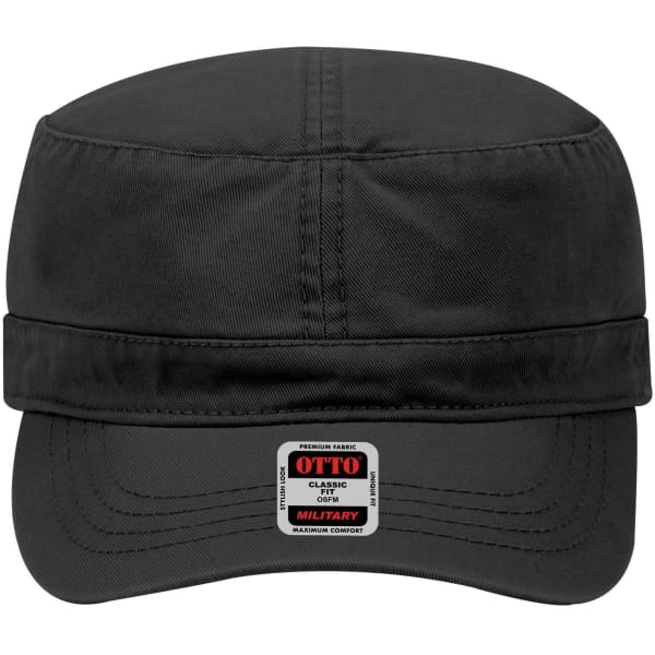 A black military-style hat with a flat brim and a logo label on the front.