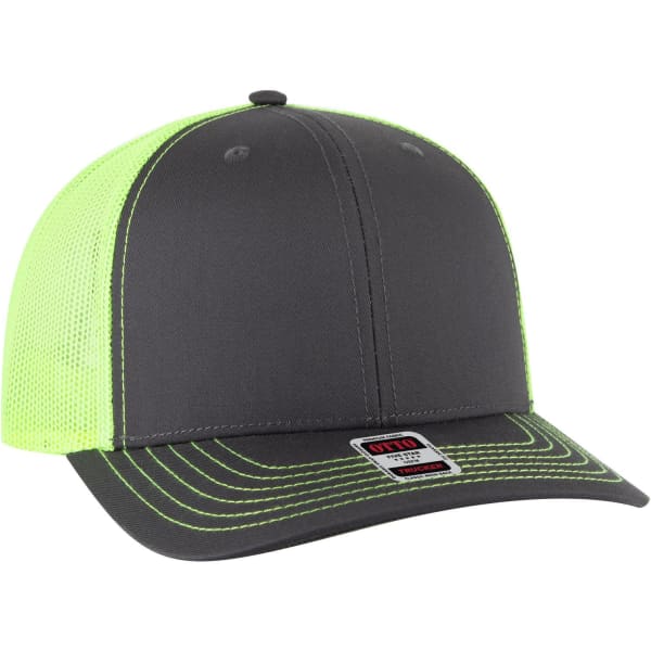 A grey and high-visibility yellow trucker cap with mesh sides and contrasting stitching. Features a logo.