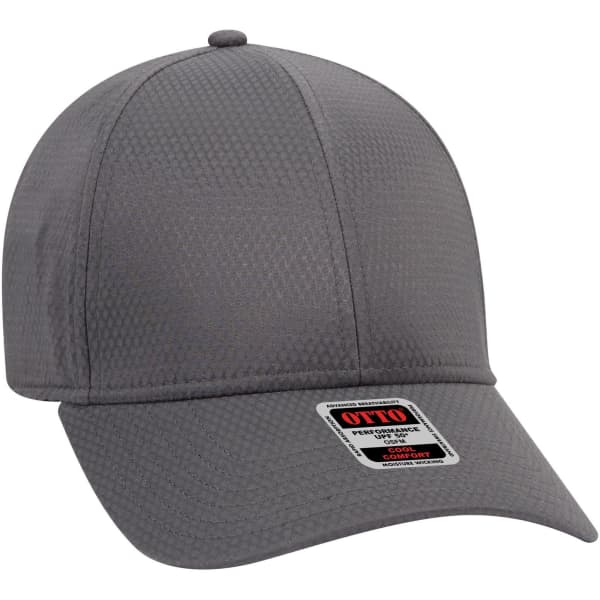 A grey UPF 50+ 6 panel low profile baseball cap with a logo on the front.