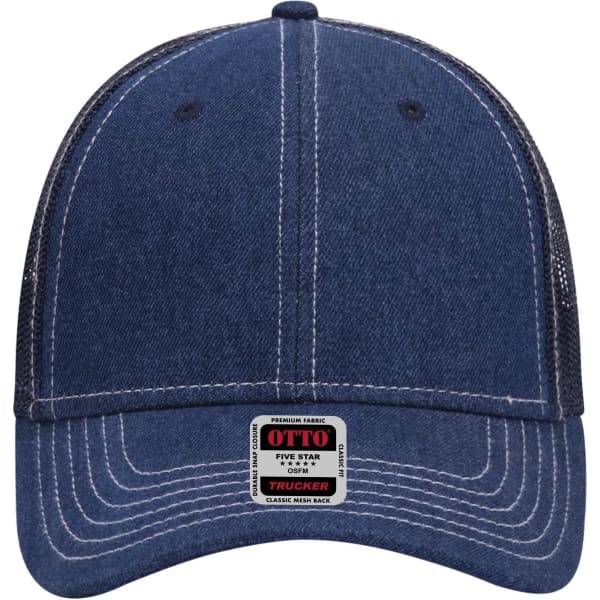 A 6 Panel Low Profile Trucker Cap in dark blue with mesh panels and a logo on the front.
