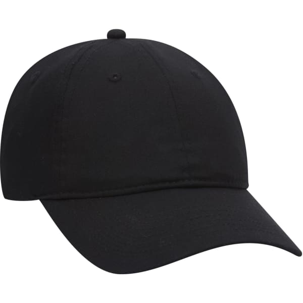 A black 6 panel low profile baseball cap featuring a rounded crown and a curved visor. It has a logo.