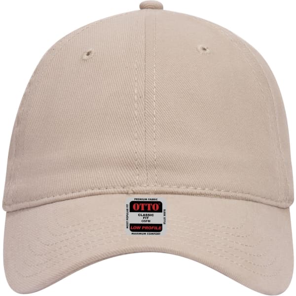 A low profile baseball dad cap in a light beige colour with a logo on the front.