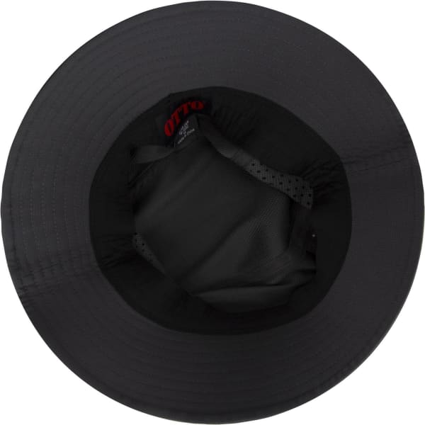 A black bucket hat featuring a spacious interior and a logo inside.