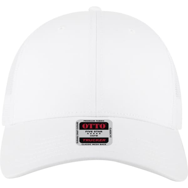A white 6 panel low profile trucker cap with a mesh back and a branded label on the front.