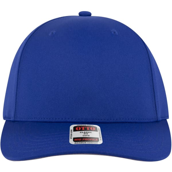 A blue mid-profile baseball cap with a seamless design and a branded label on the front.