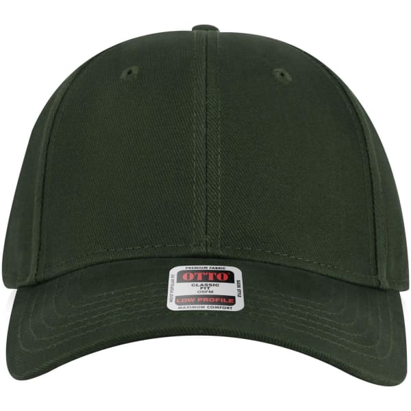 A green 6 panel low profile baseball cap with a curved brim and a logo on the front.