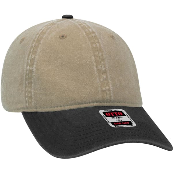 A beige and black 6 panel low profile dad cap with a logo on the front.